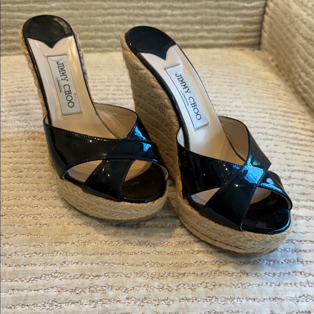 Jimmy Choo Black Patent Espadrille Wedge Slides